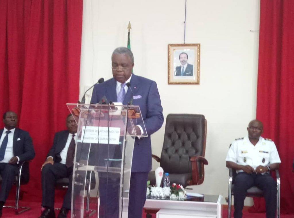 Emmanuel Rene Sadi, Cameroon Communication Minister speaking at a press conference in Yaounde in February. He had not responded to our questions