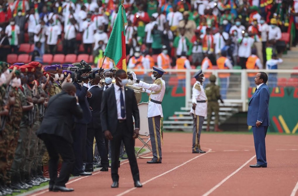 President Paul Biya (R) inspects troops during the opening ceremony of the Africa Cup of Nations (AFCON) 2021 in Yaounde. Photo X(Twitter)/ @DailyMonitor/AFP