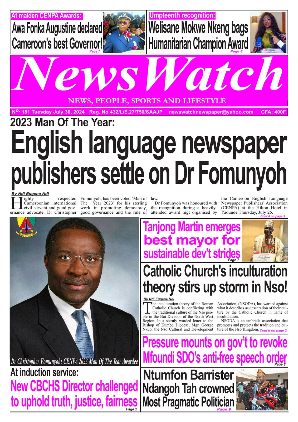 Front page of NewsWatch newspaper No 181, Tuesday, July 30, 2024.