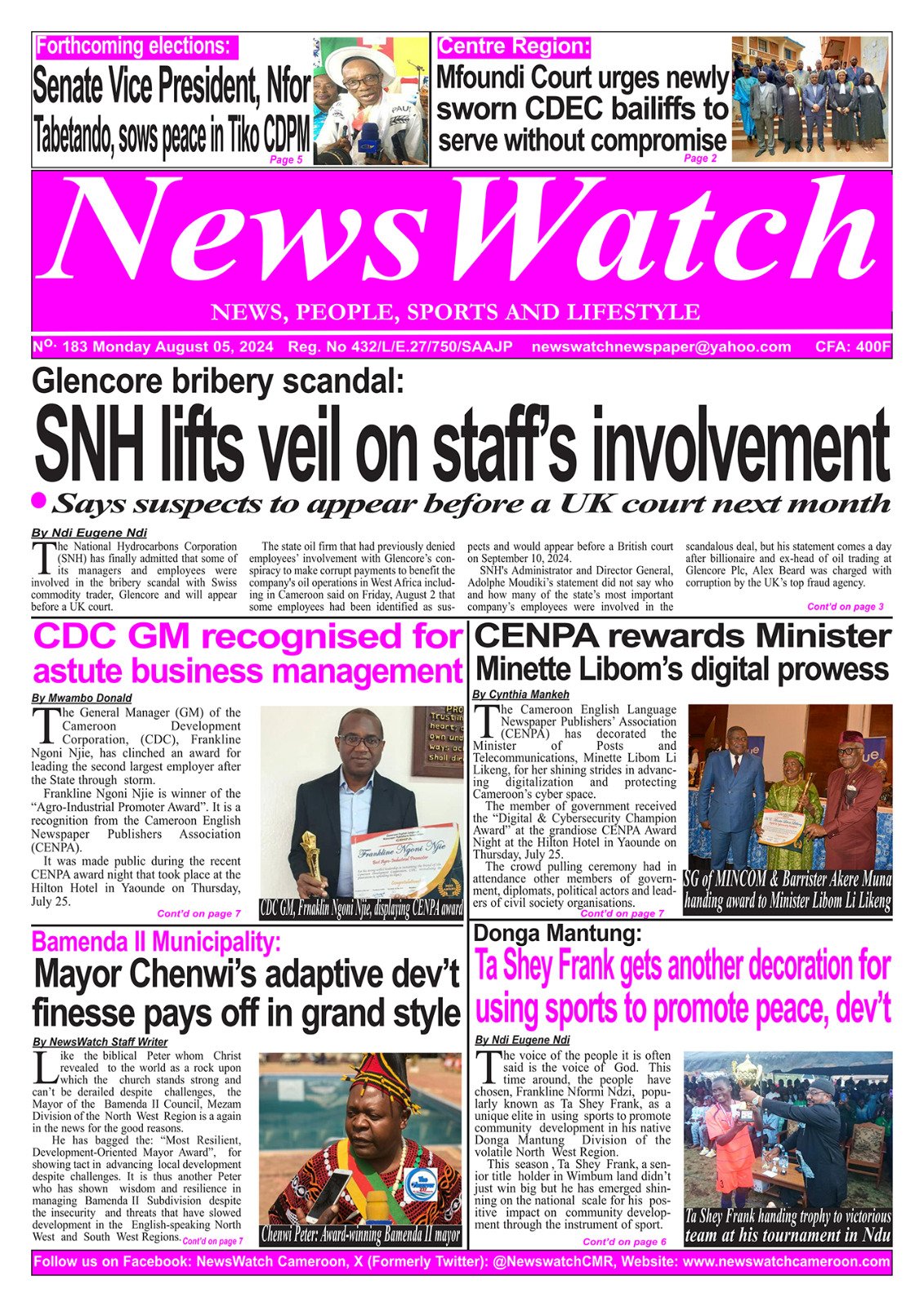 Front page of NewsWatch newspaper No 183, Monday, August 5, 2024.
