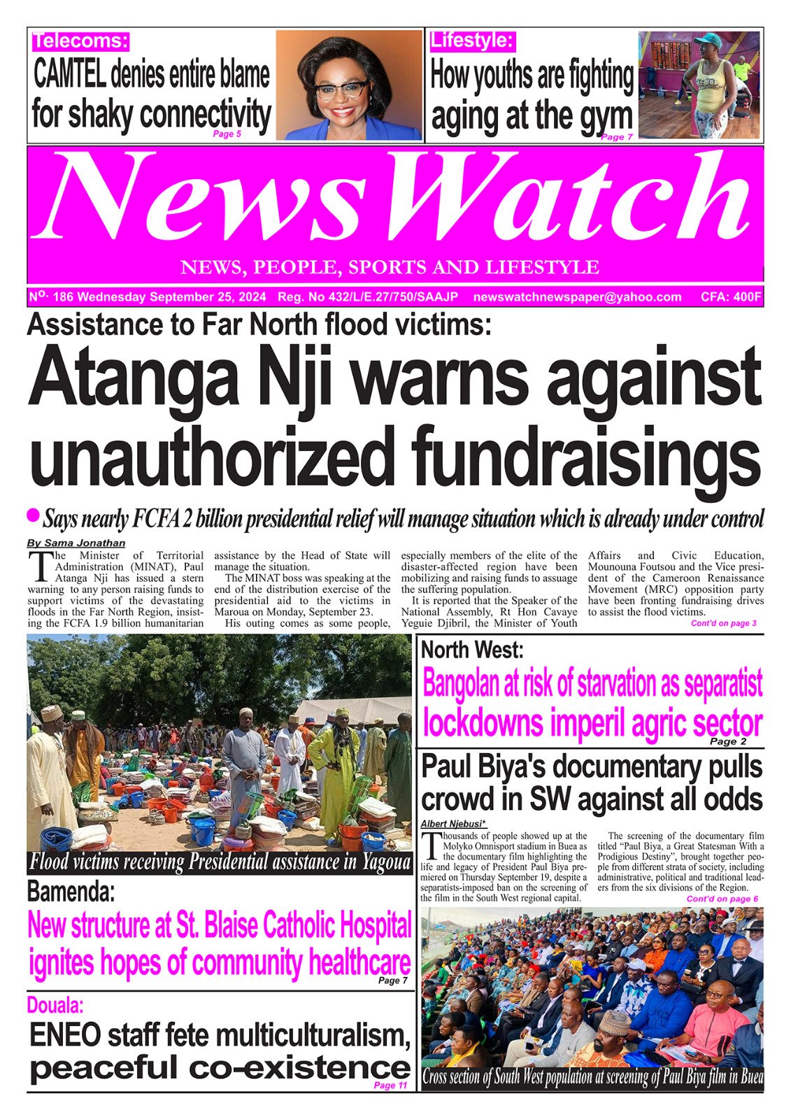 Front page of NewsWatch newspaper No 186, Wednesday September 25, 2024.